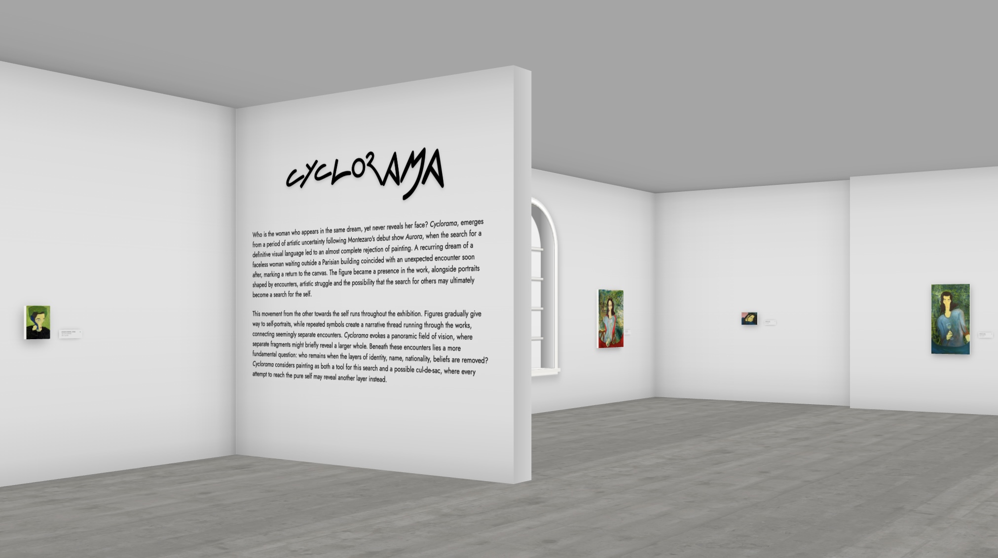 Cyclorama installation view: the title wall seen across the gallery
